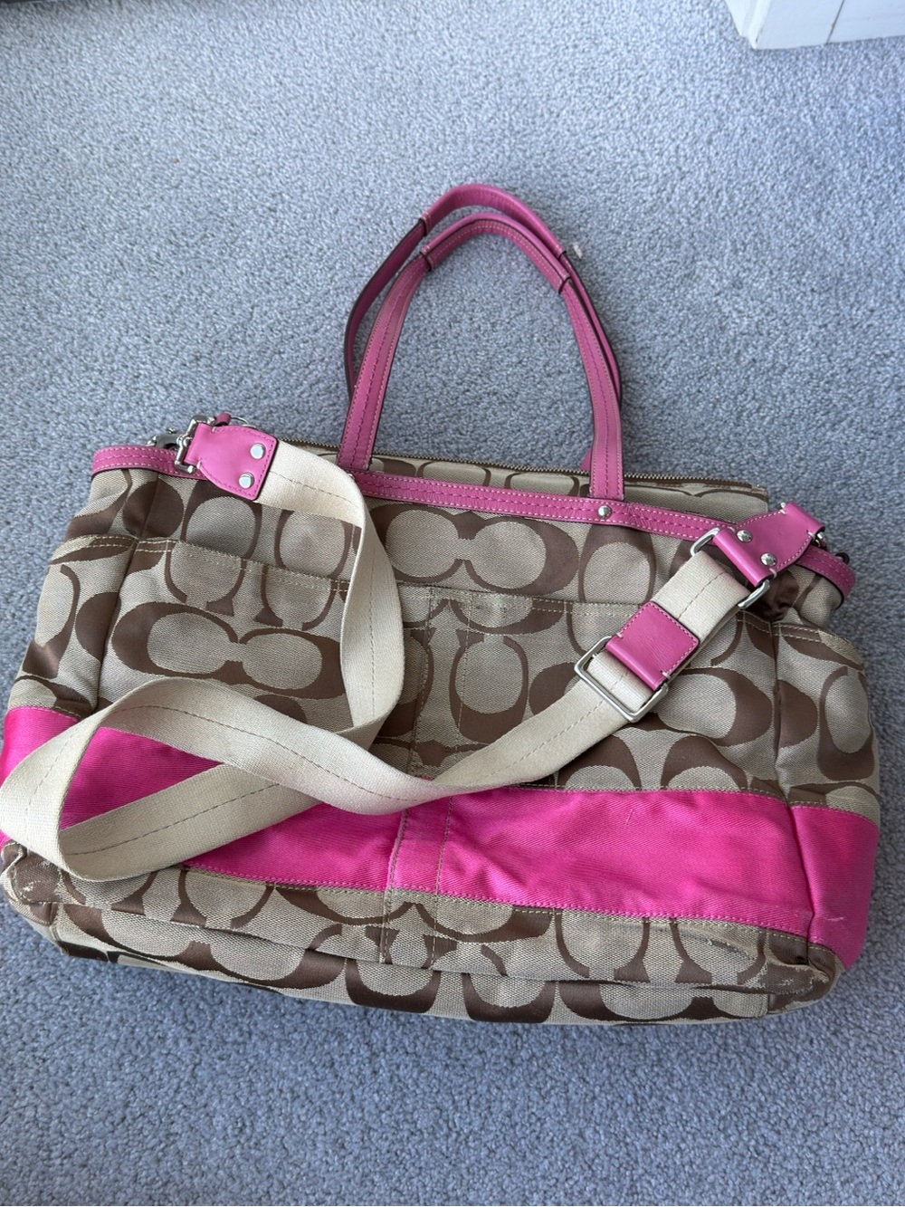 Coach Beige Signature Canvas Diper/Travel Bag with Pink Trim